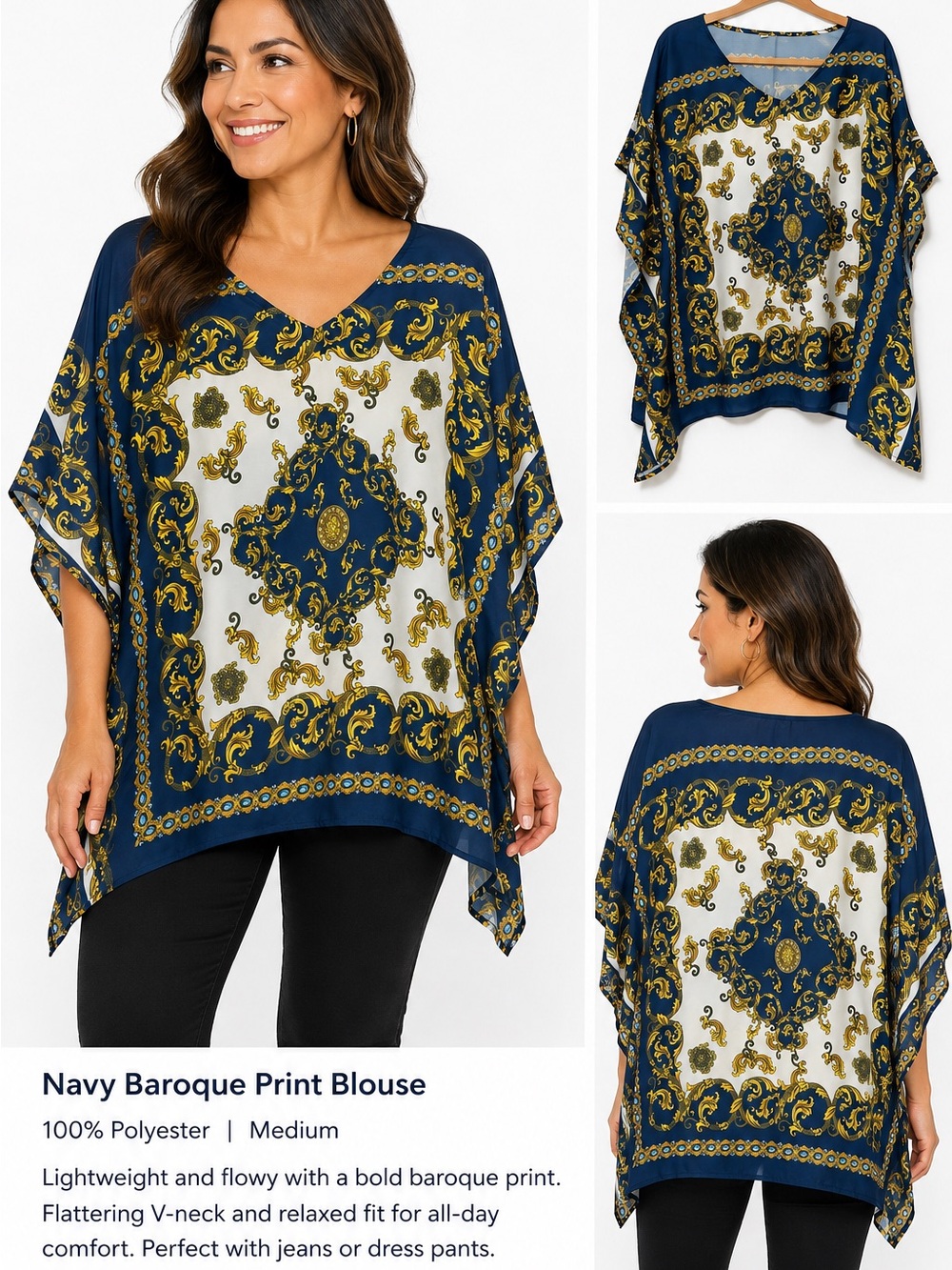 Baroque Print Chiffon Poncho Blouse | Medium